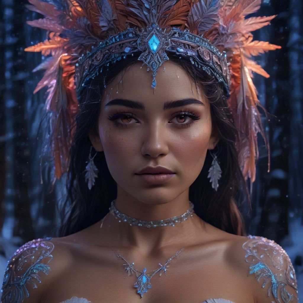 Blue-eyed woman with feather crown and tribal look