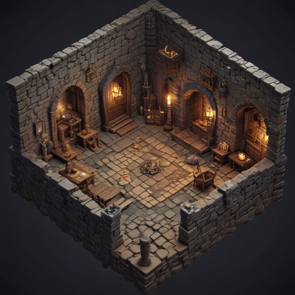 Interior of a castle room with a 3D video game look in isometric view