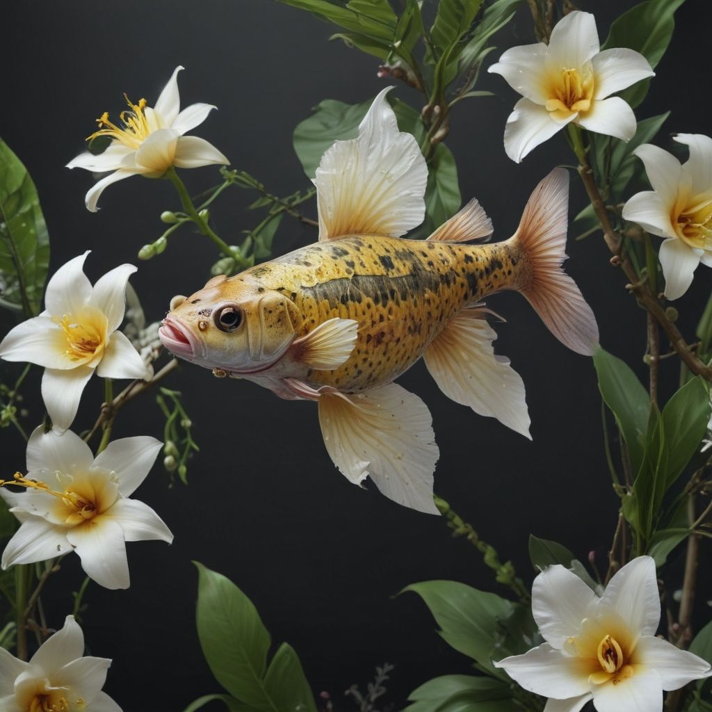 Brightly colored fish surrounded by flowers