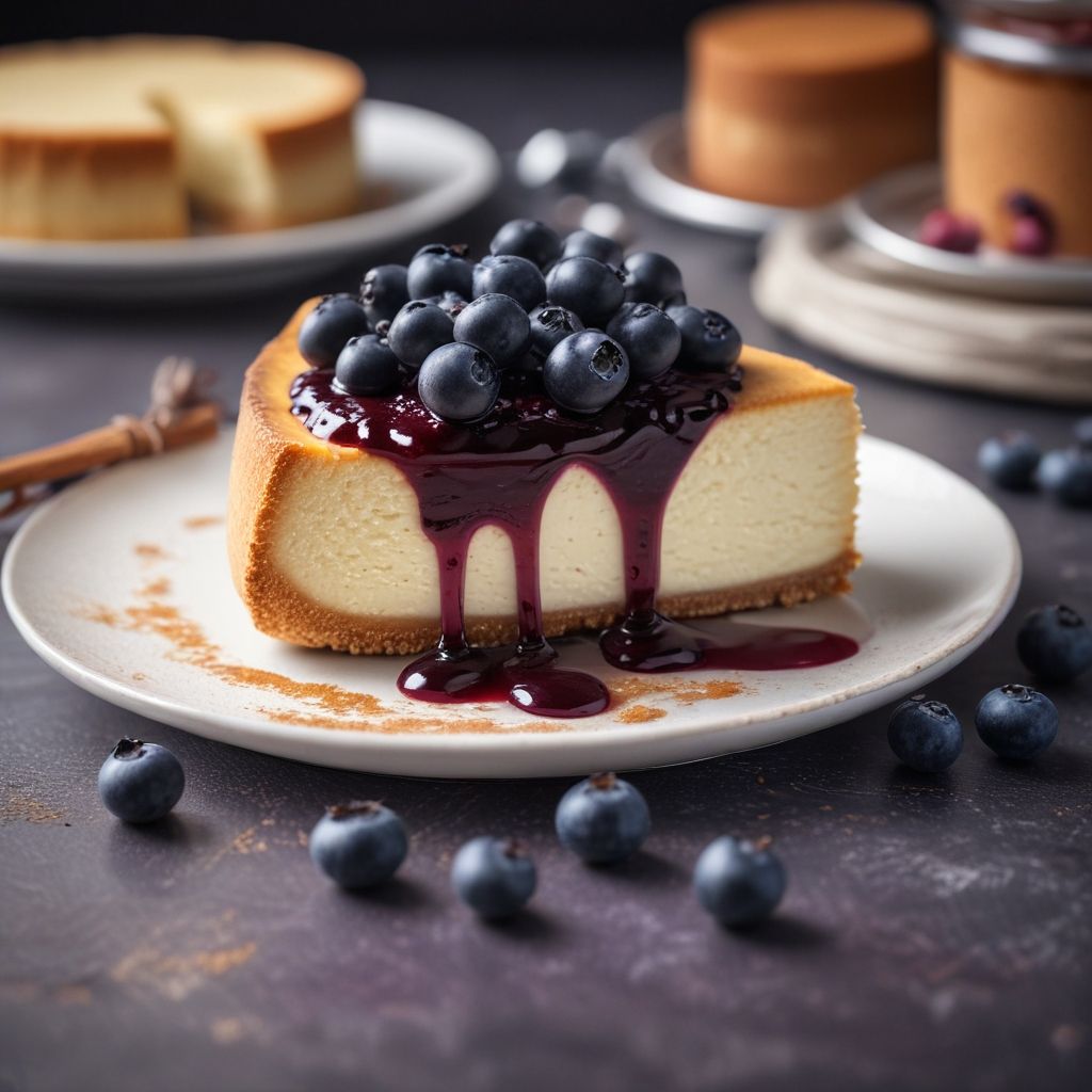 Slice of cheesecake with jam and blueberries on a plate