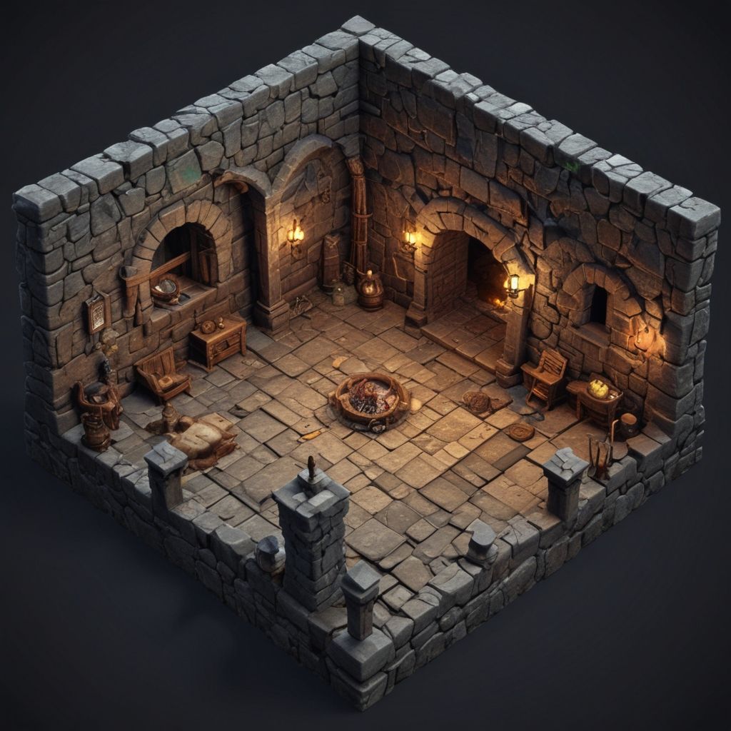 Interior of a castle room with a 3D video game look in isometric view