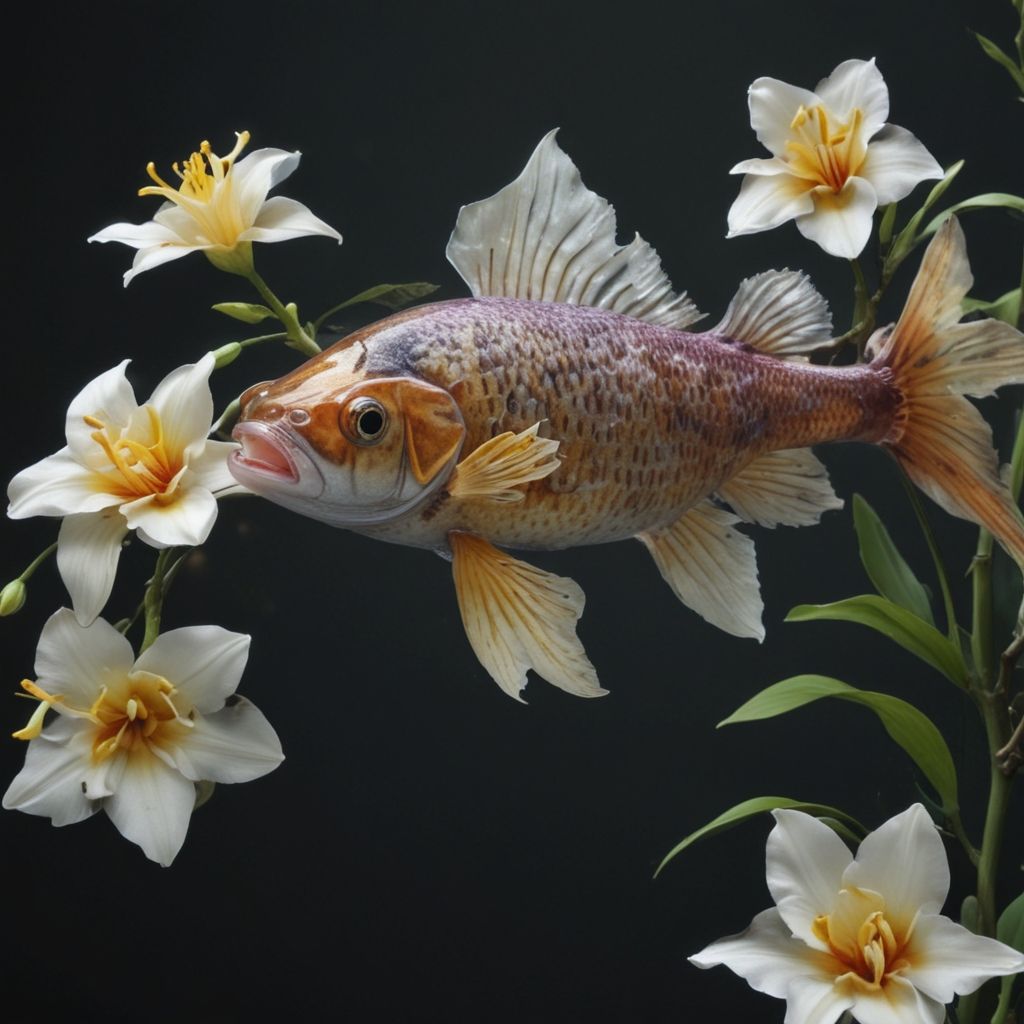 Brightly colored fish surrounded by flowers