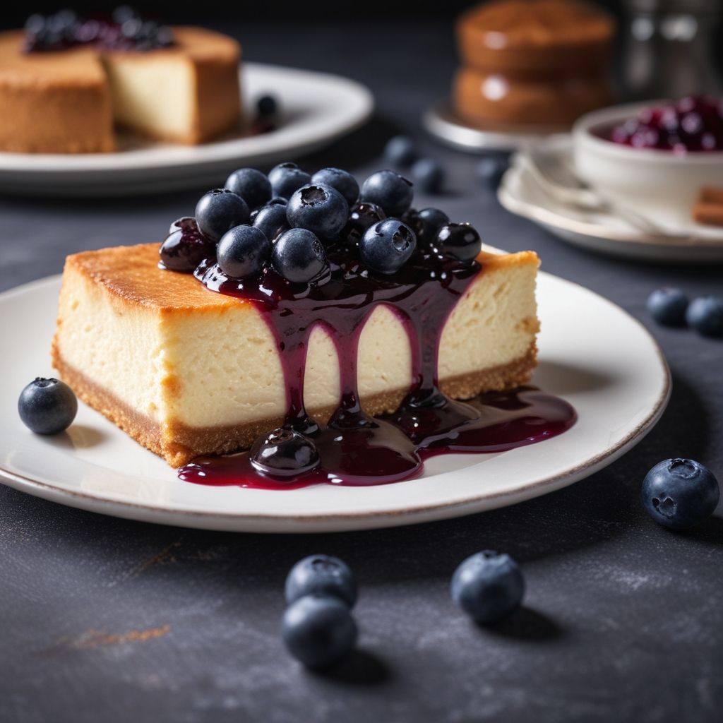 Slice of cheesecake with jam and blueberries on a plate