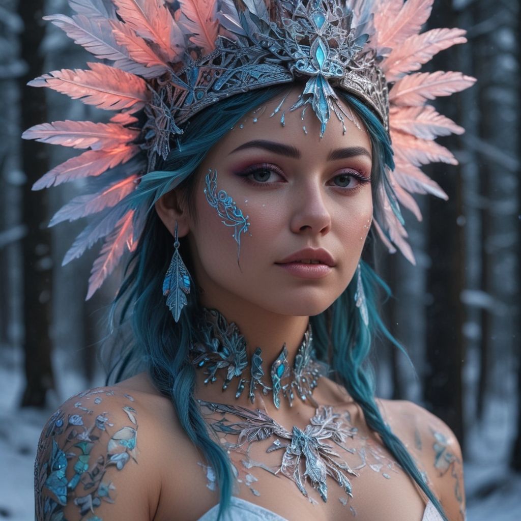 Blue-eyed woman with feather crown and tribal look