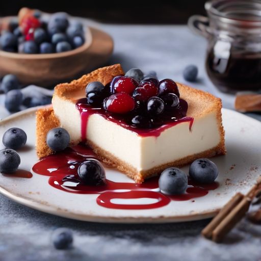 Slice of cheesecake with jam and blueberries on a plate