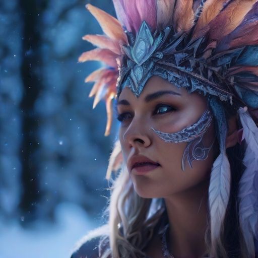 Blue-eyed woman with feather crown and tribal look