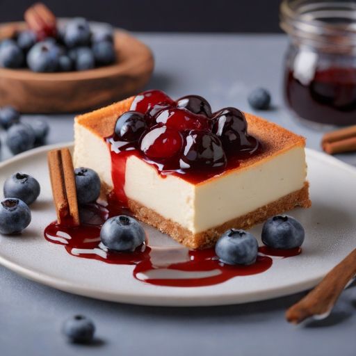 Slice of cheesecake with jam and blueberries on a plate
