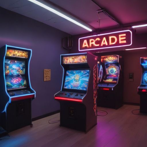 Arcade room with retro machines and neon lights