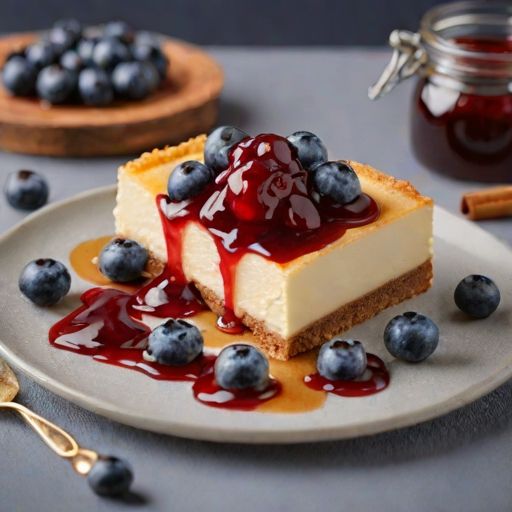 Slice of cheesecake with jam and blueberries on a plate