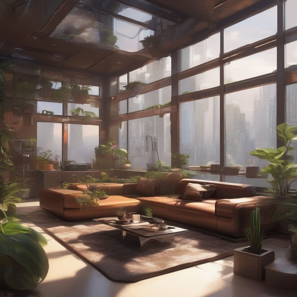 Living room with large windows, lots of plants, brown sofa and a table in the center