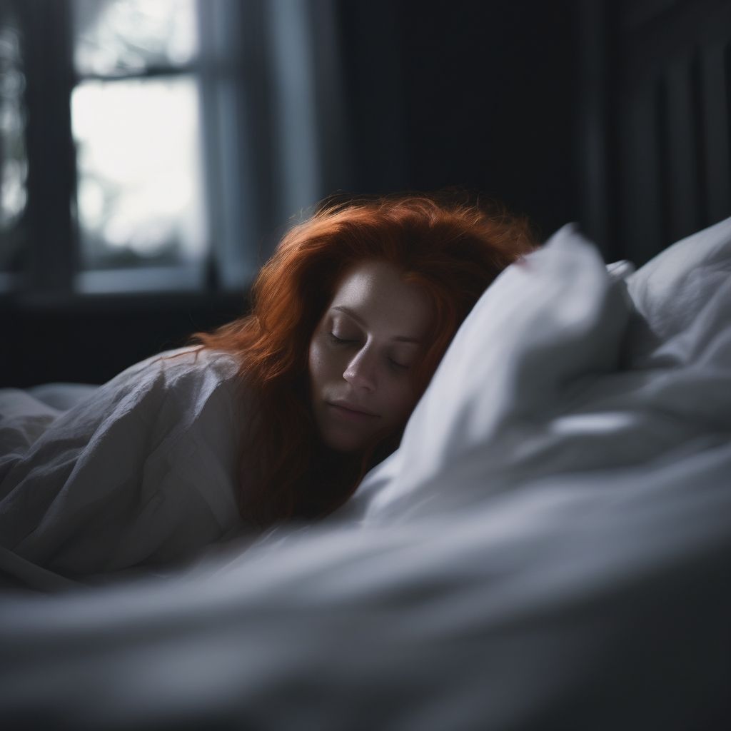 Red-haired woman tucked in and sleeping peacefully in the morning