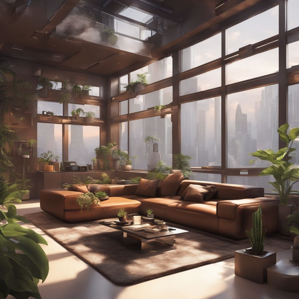 Living room with large windows, lots of plants, brown sofa and a table in the center