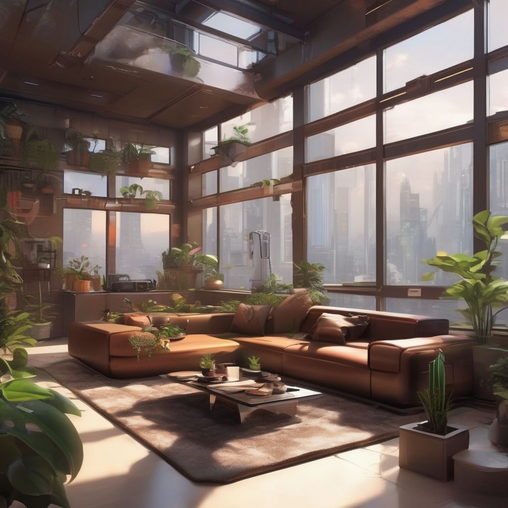 Living room with large windows, lots of plants, brown sofa and a table in the center