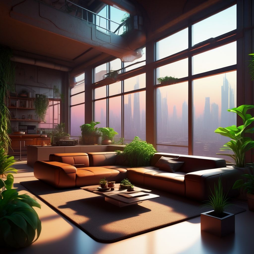 Living room with large windows, lots of plants, brown sofa and a table in the center