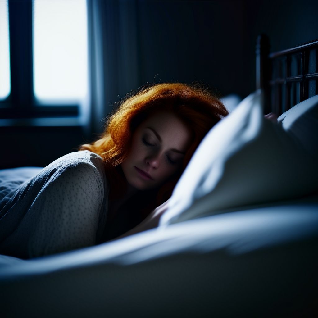 Red-haired woman tucked in and sleeping peacefully in the morning