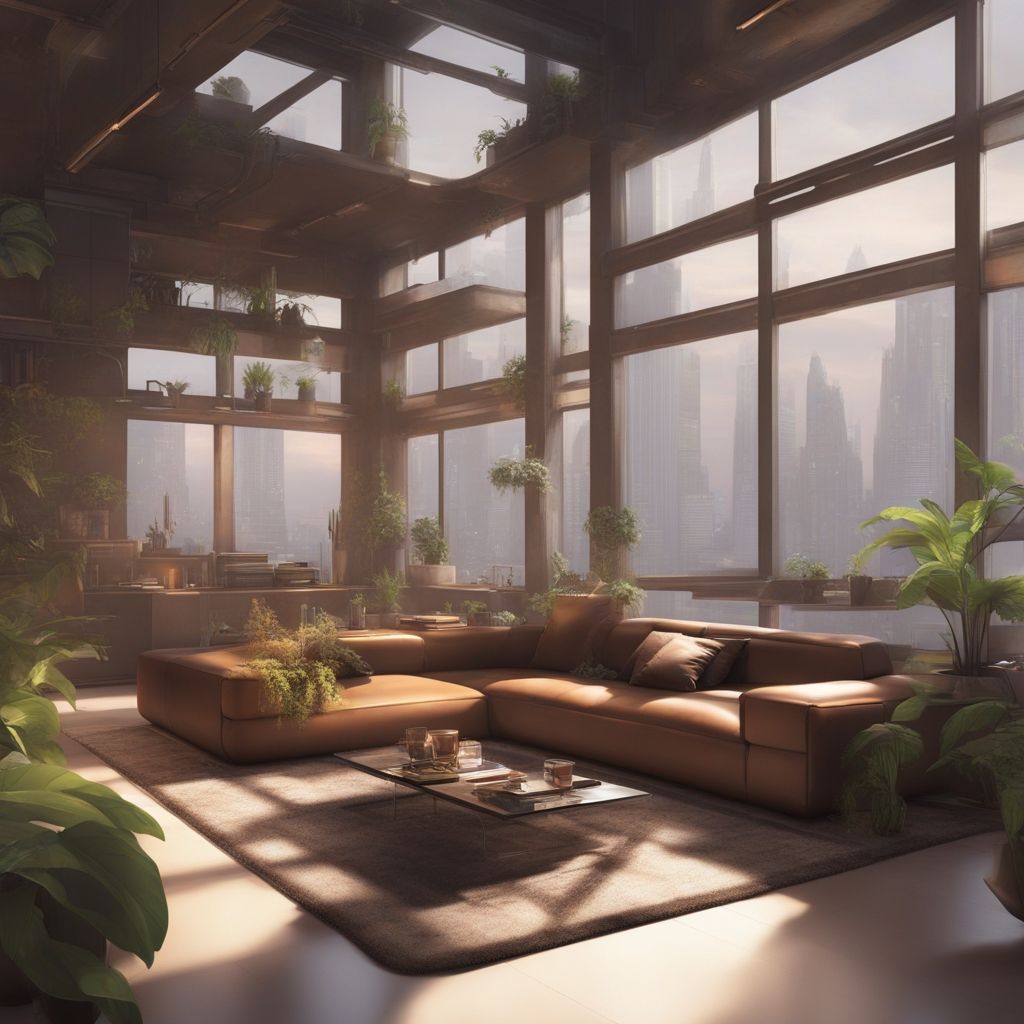 Living room with large windows, lots of plants, brown sofa and a table in the center