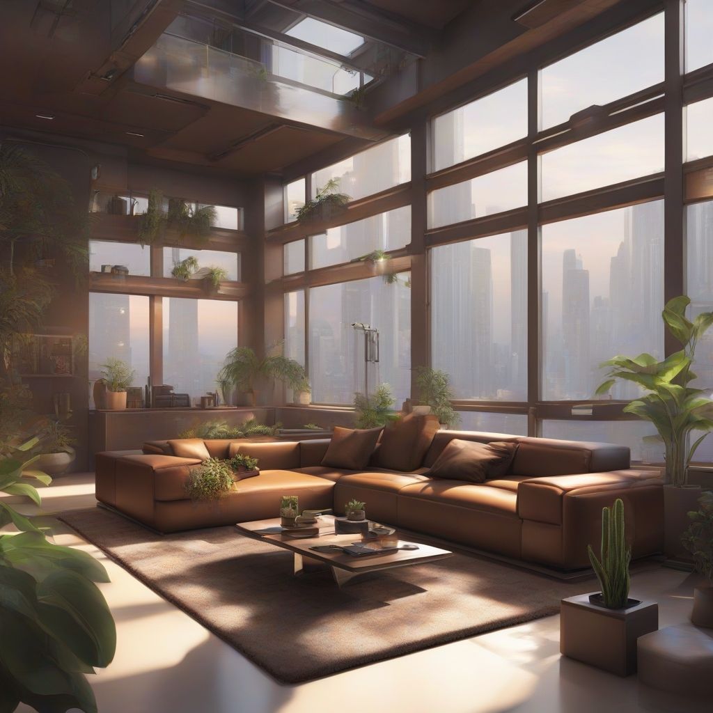 Living room with large windows, lots of plants, brown sofa and a table in the center