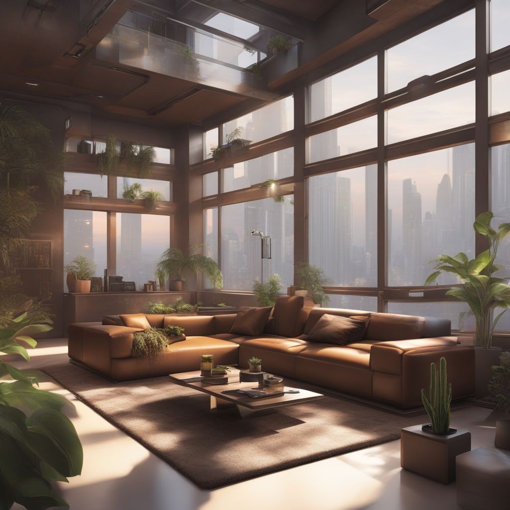 Living room with large windows, lots of plants, brown sofa and a table in the center