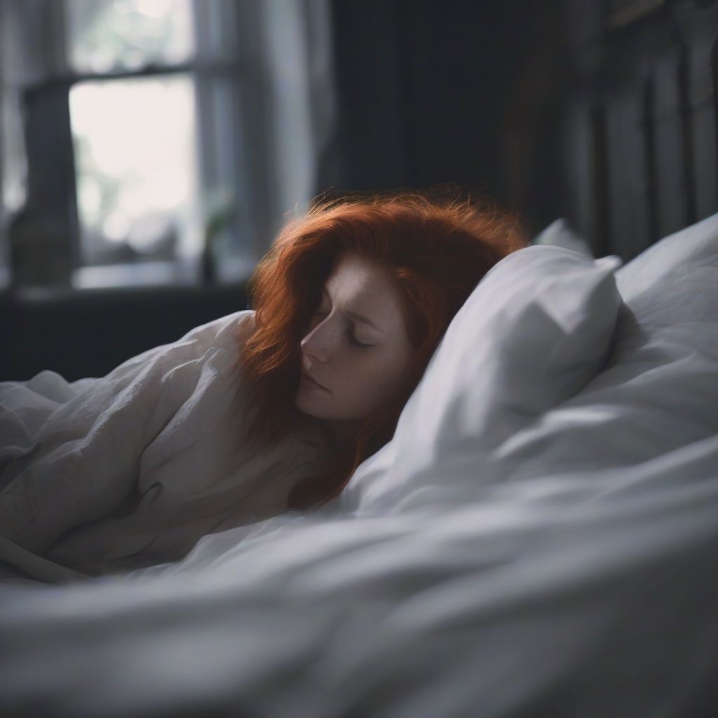 Red-haired woman tucked in and sleeping peacefully in the morning