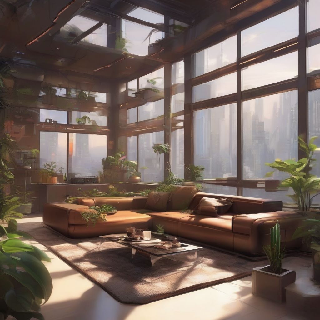 Living room with large windows, lots of plants, brown sofa and a table in the center