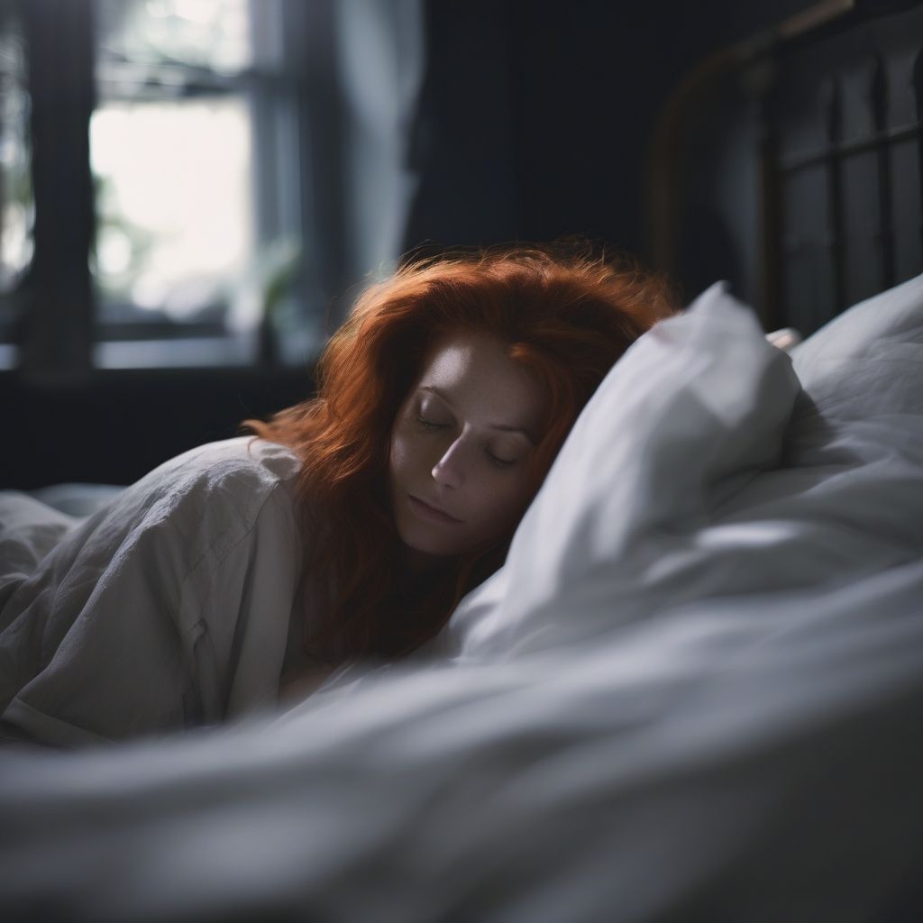 Red-haired woman tucked in and sleeping peacefully in the morning