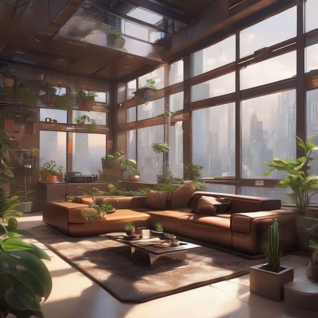 Living room with large windows, lots of plants, brown sofa and a table in the center