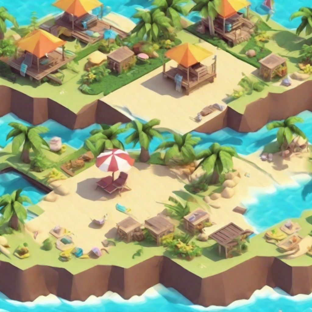 3D video game with huts around a lake
