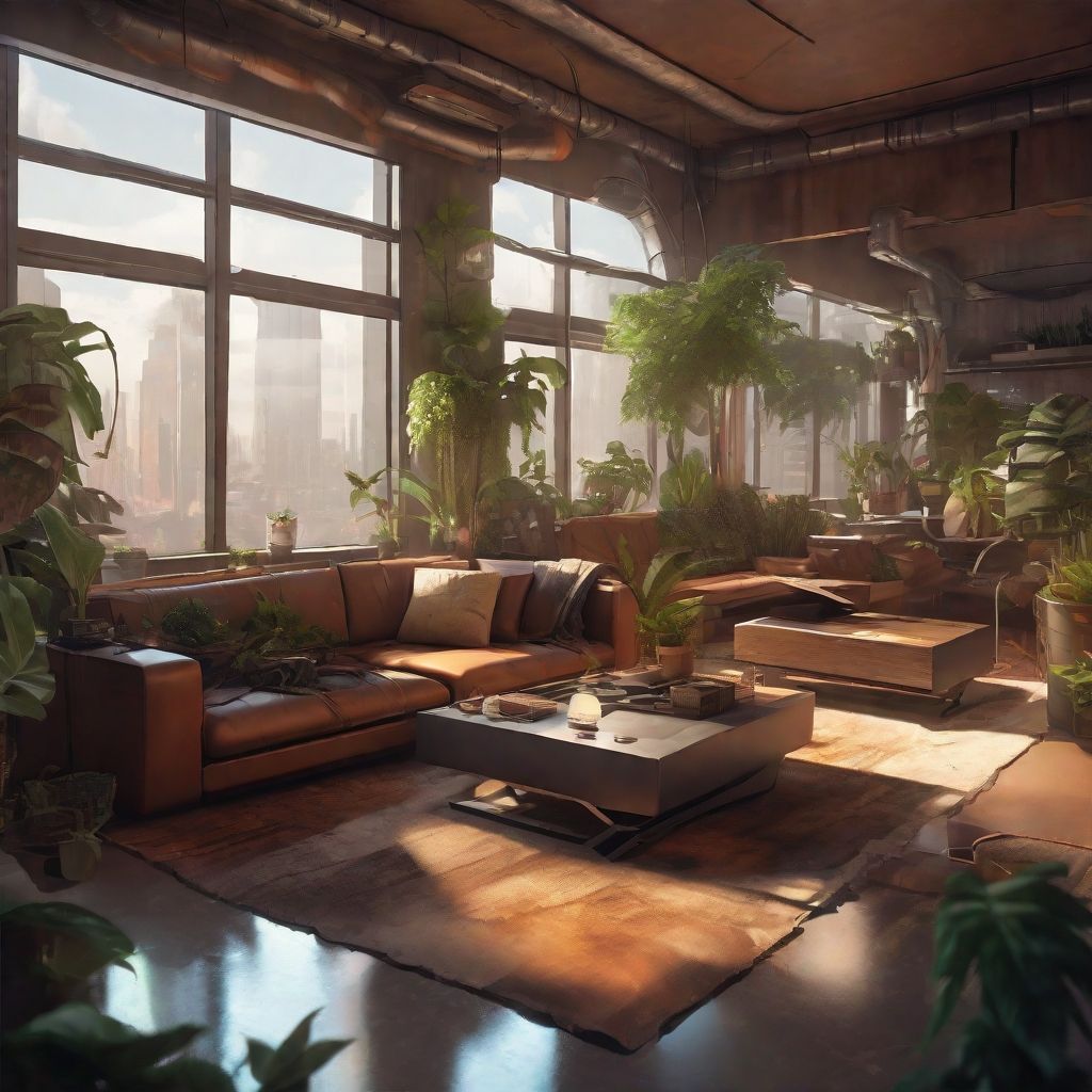 Living room with large windows, lots of plants, brown sofa and a table in the center