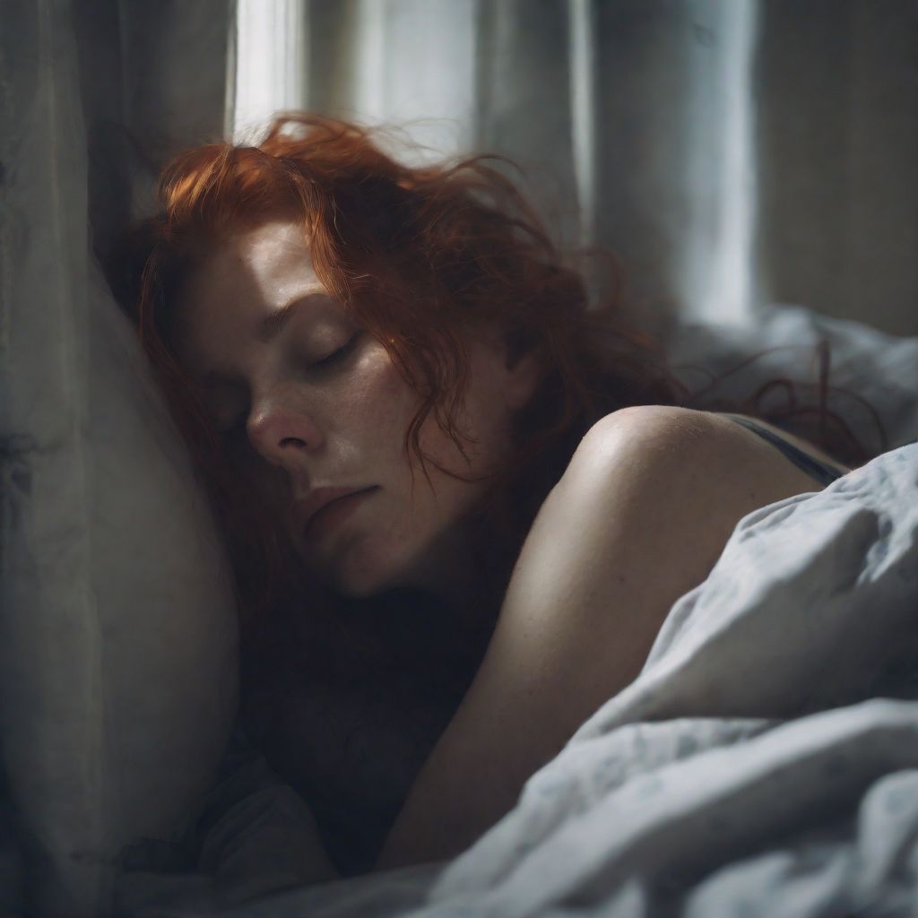 Red-haired woman tucked in and sleeping peacefully in the morning