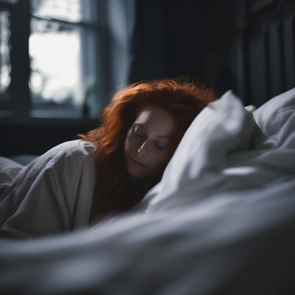 Red-haired woman tucked in and sleeping peacefully in the morning