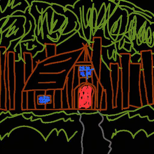 Boceto de una casa de madera con una puerta roja en mitad del bosque