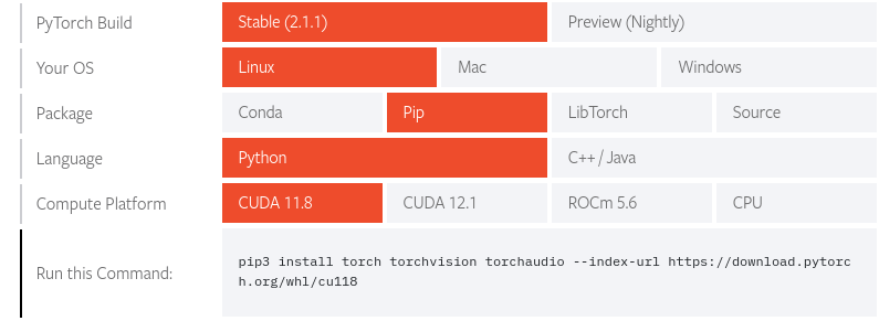 Tabla mostrando las versiones de CUDA compatibles con PyTorch 2.1.1: CUDA 11.8 y CUDA 12.1