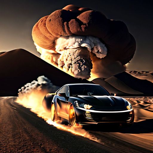 Imagen distorsionada de un coche deportivo negro en el desierto huyendo de una explosión nuclear
