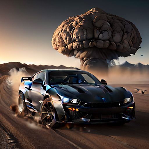 Imagen distorsionada de un coche deportivo negro en el desierto huyendo de una explosión nuclear