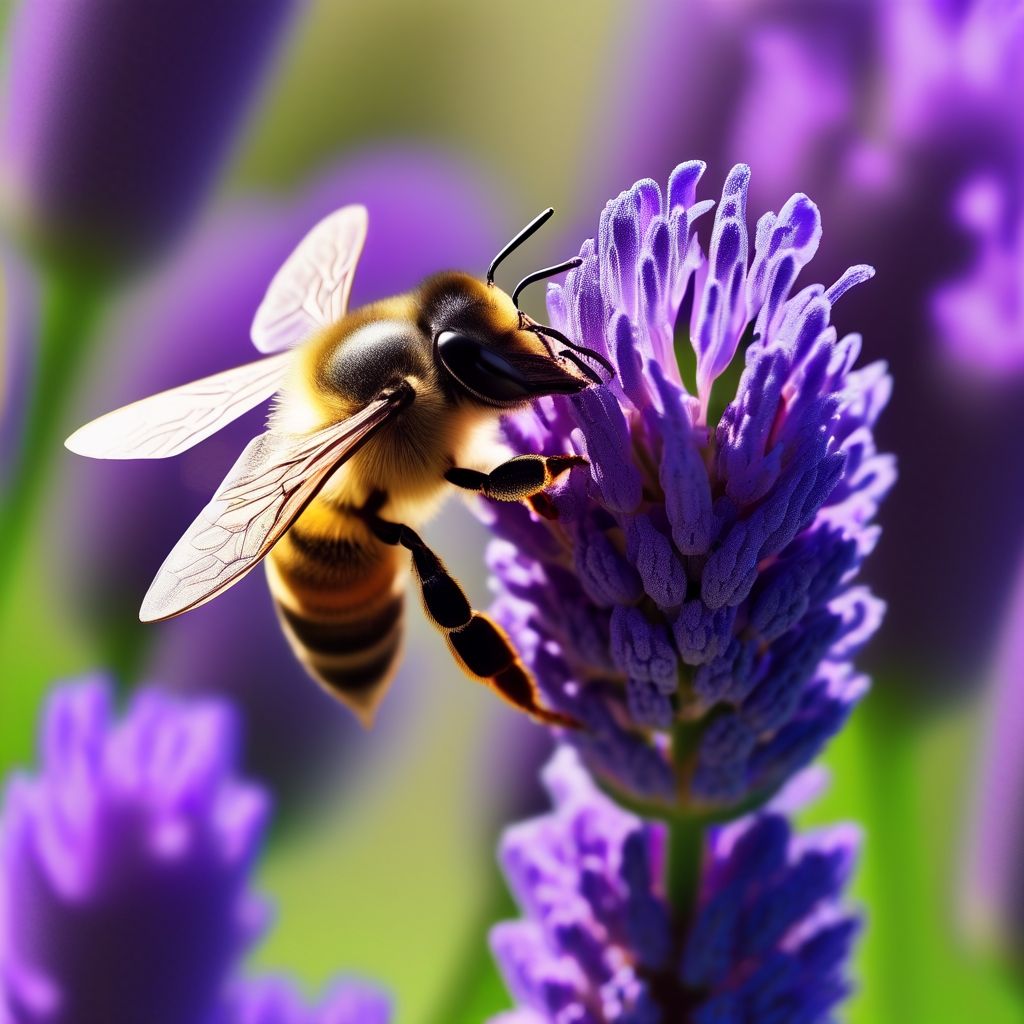 Abeja polinizando una flor de lavanda