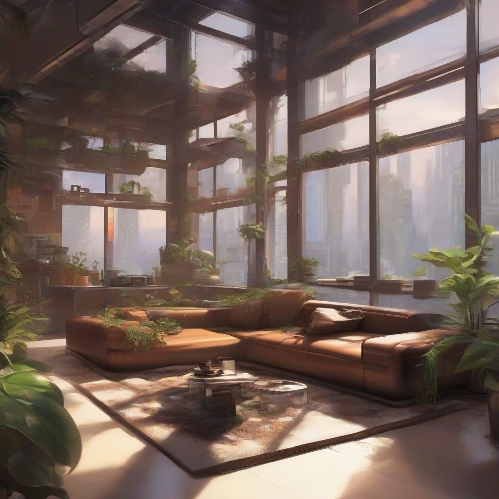 Sala de estar con grandes ventanales, muchas plantas, sofá de color marrón y una mesa en el centro