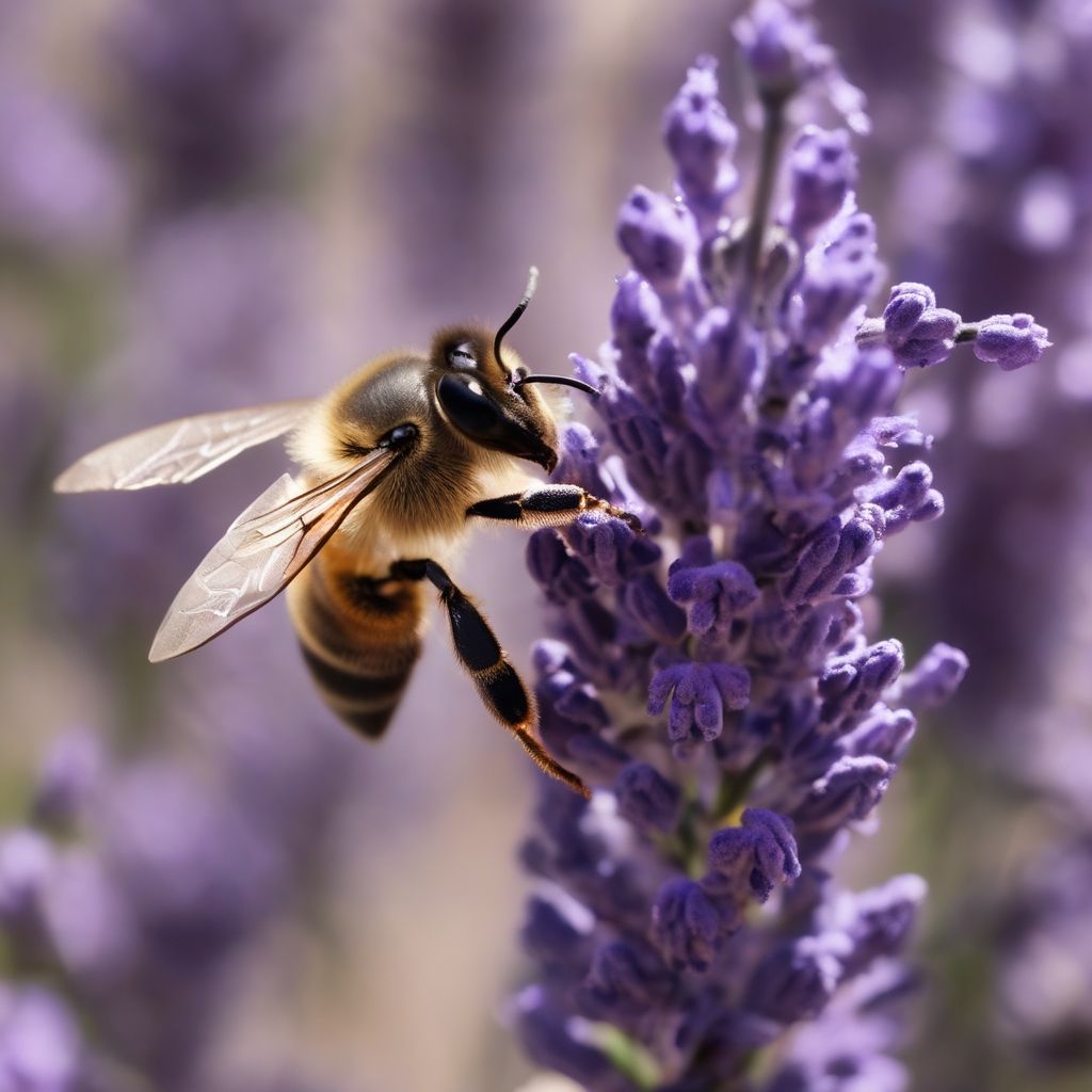 Abeja polinizando una flor de lavanda