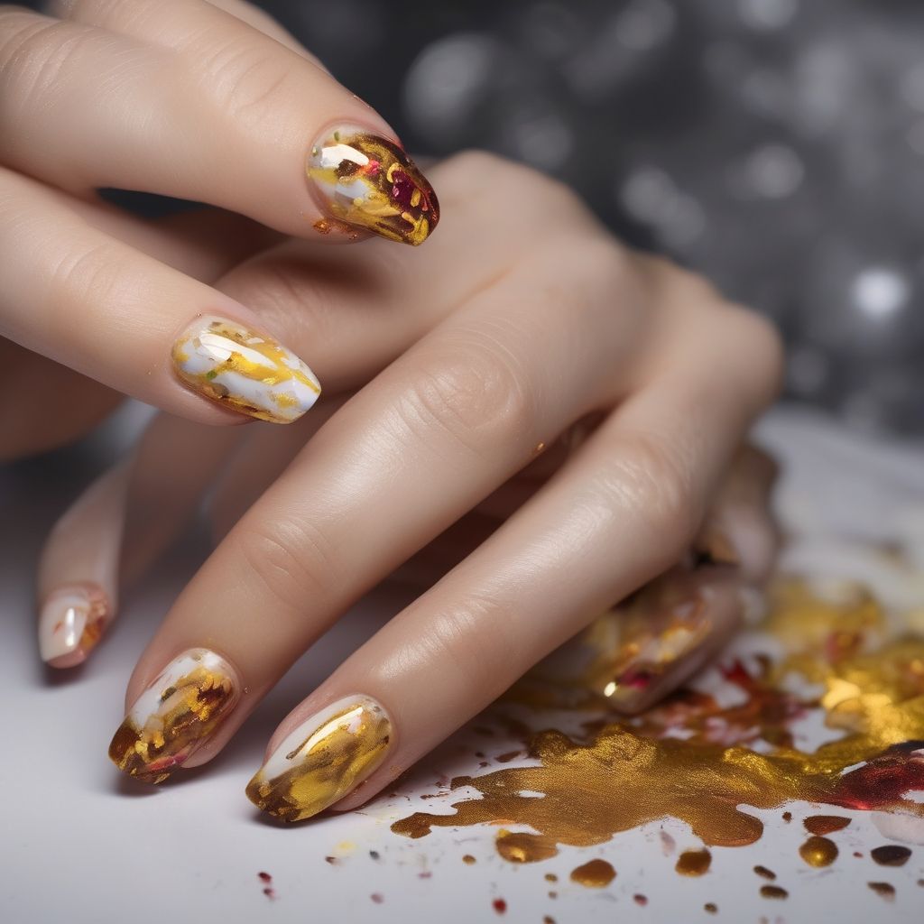 Manos de mujer con manicura de uñas de color dorado