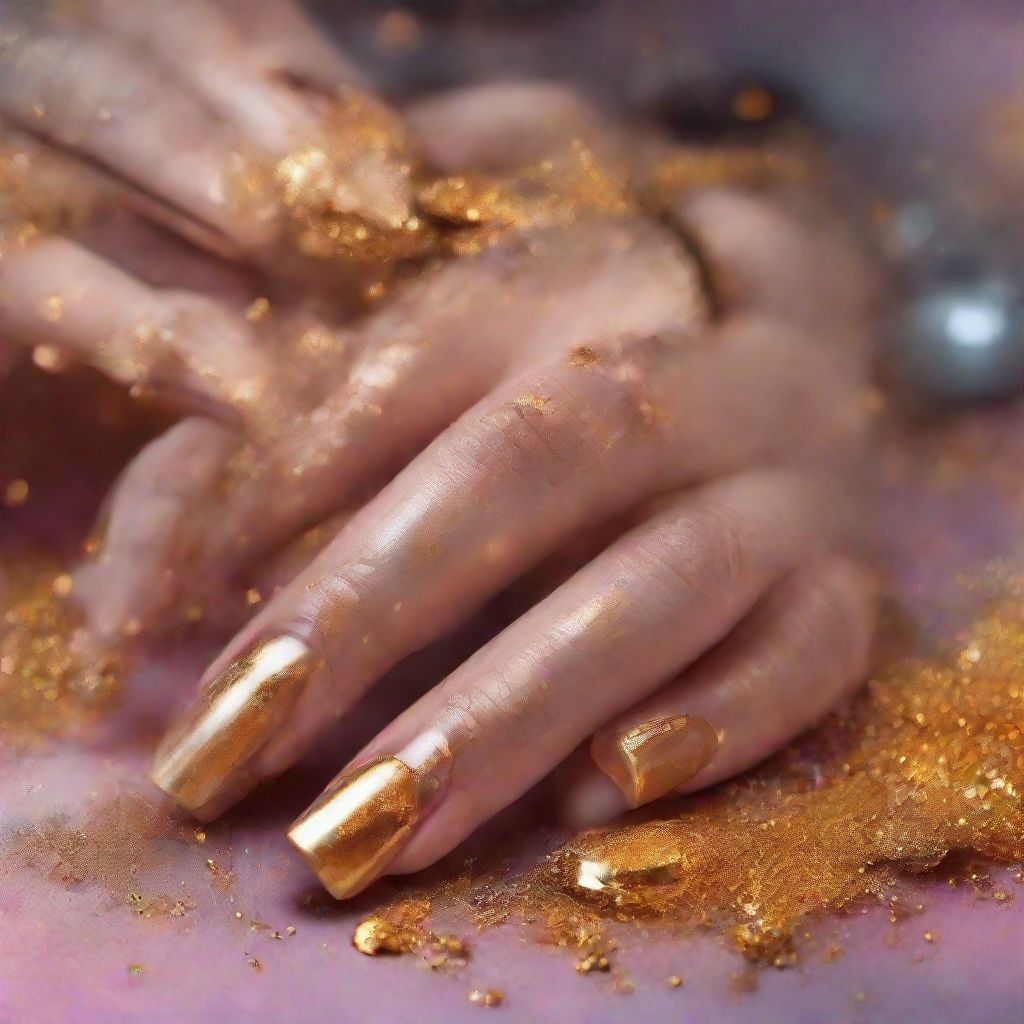 Manos de mujer con manicura de uñas de color dorado