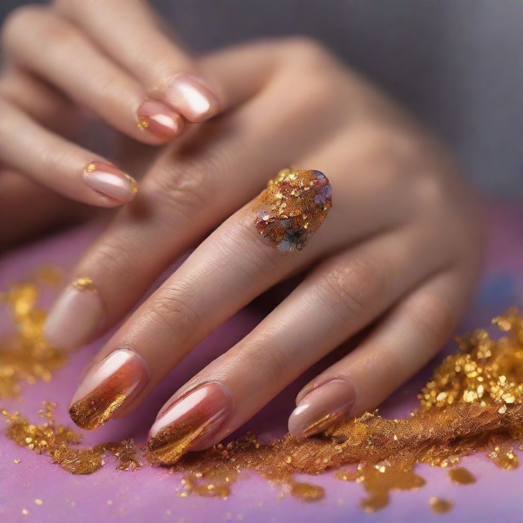 Manos de mujer con manicura de uñas de color dorado