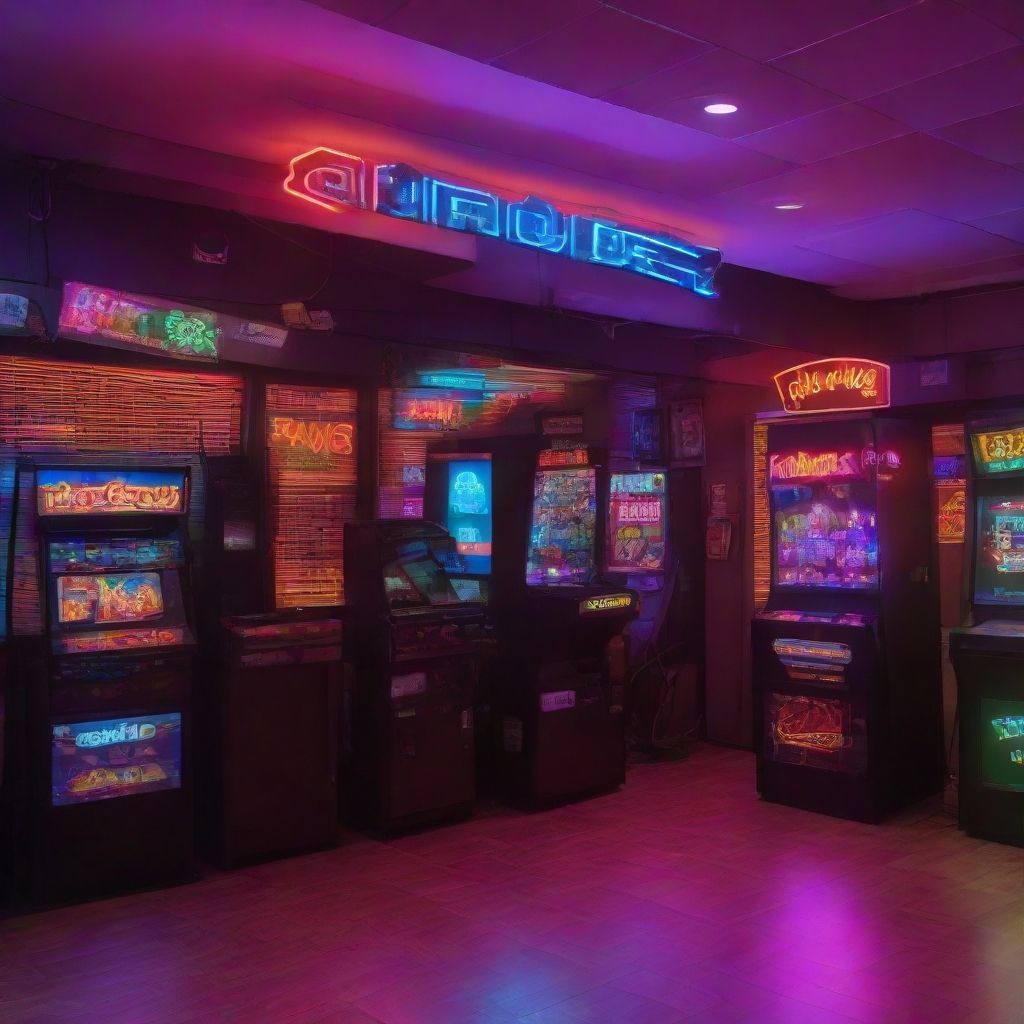 Sala de recreativos con máquinas retro y luces de neón