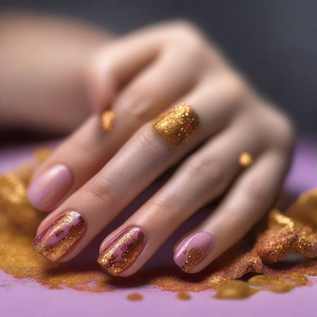 Manos de mujer con manicura de uñas de color dorado