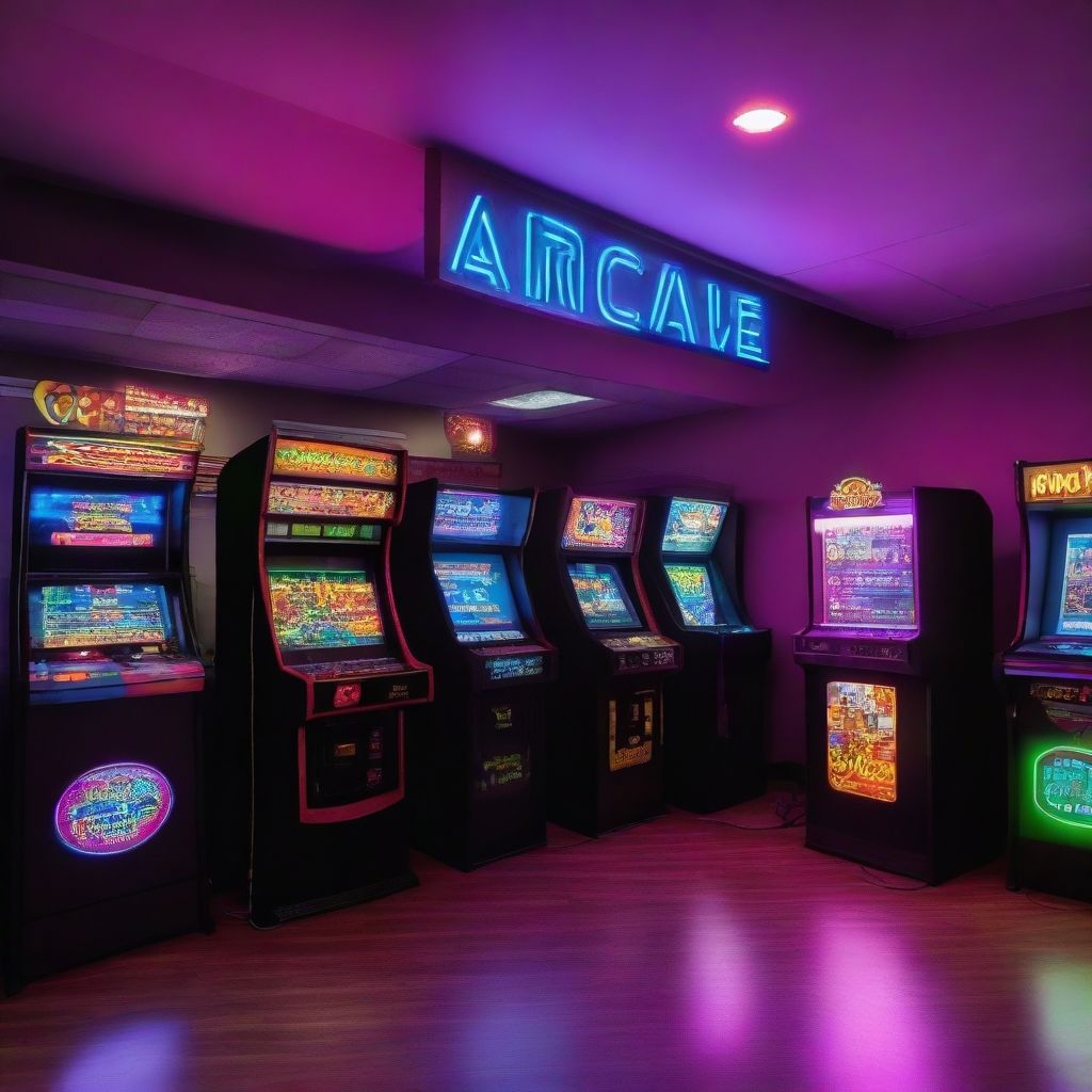 Sala de recreativos con máquinas retro y luces de neón