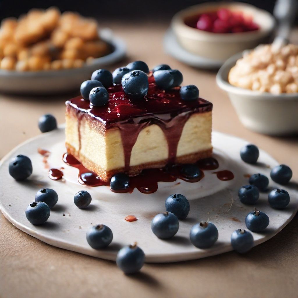 Porción de tarta cheescake con mermelada y arándanos sobre un plato