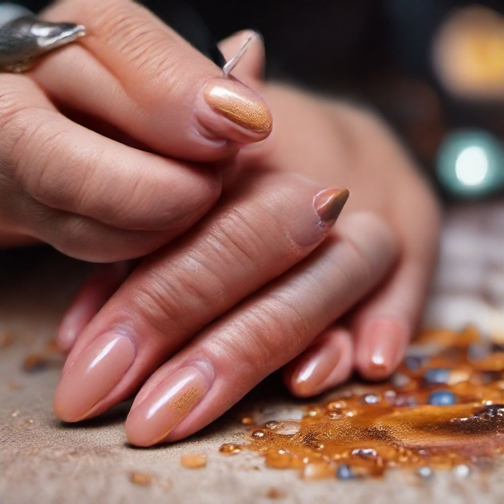 Manos de mujer con manicura de uñas de color dorado