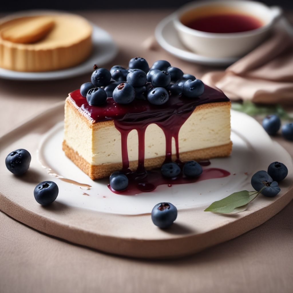 Porción de tarta cheescake con mermelada y arándanos sobre un plato