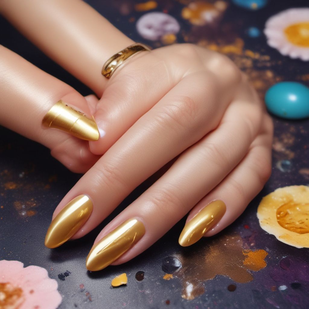 Manos de mujer con manicura de uñas de color dorado