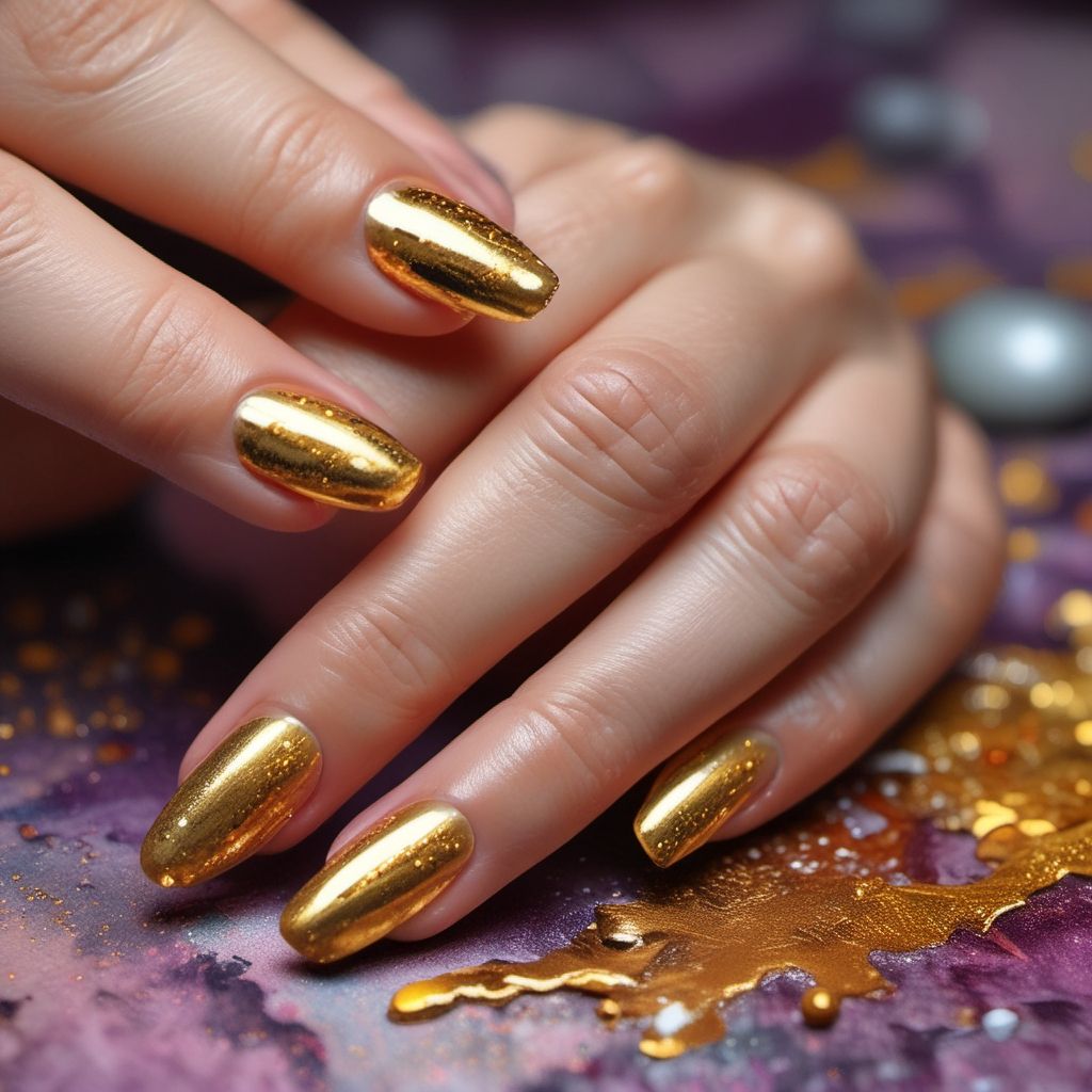 Manos de mujer con manicura de uñas de color dorado