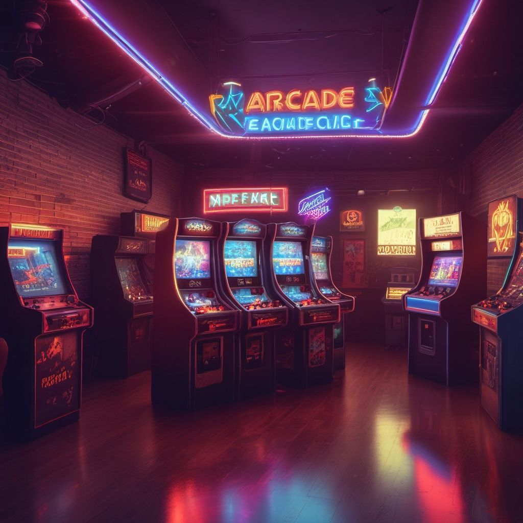 Sala de recreativos con máquinas retro y luces de neón