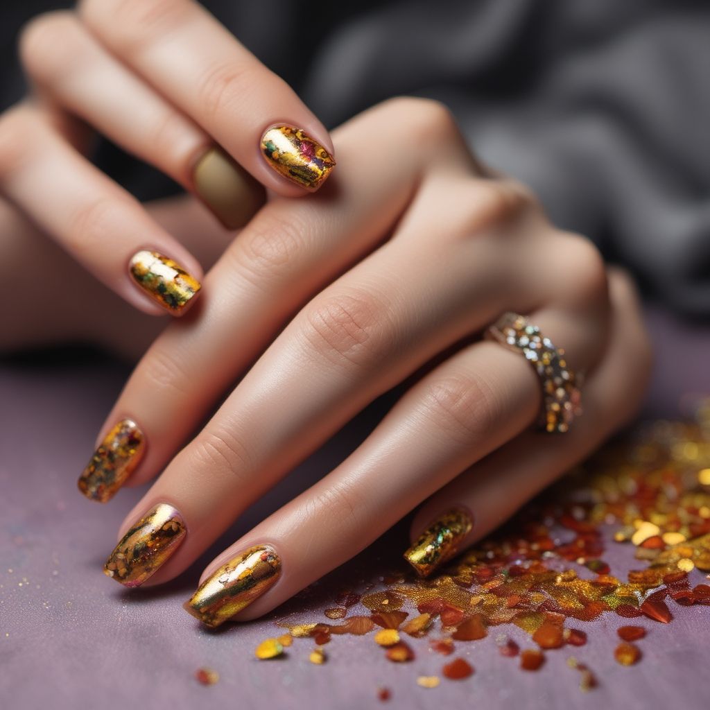 Manos de mujer con manicura de uñas de color dorado